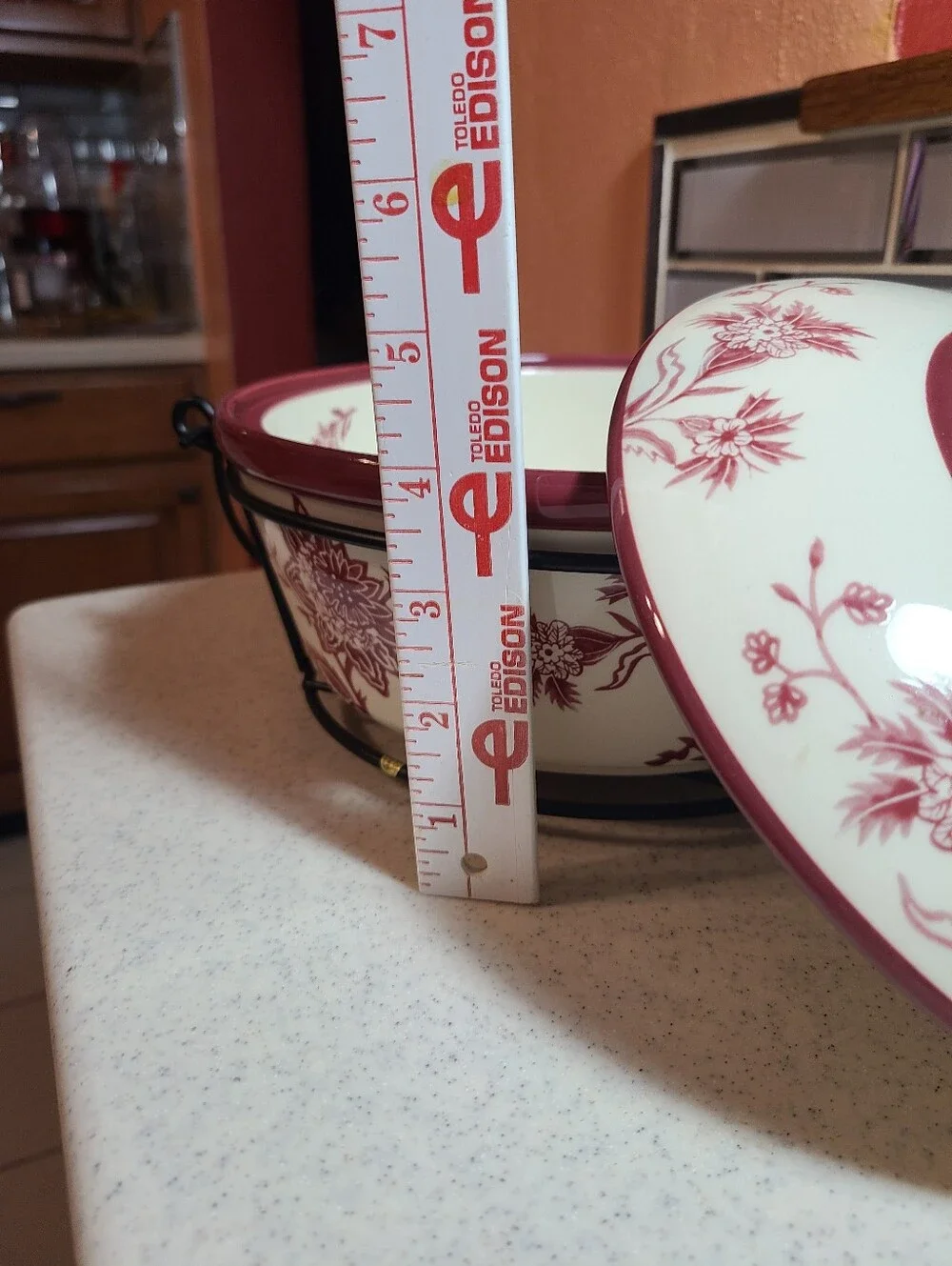 Temp-Tations Cream and Burgundy Floral Covered Serving Dish